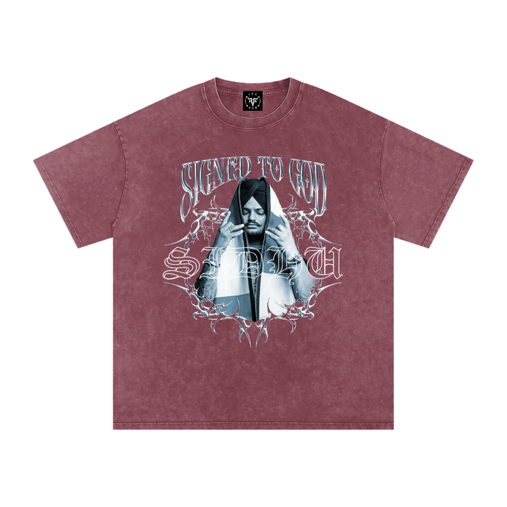 SIGNED TO GOD | SIDHU MOOSE WALA | Snow Washed Oversized Cotton T-Shirt | RISENRETRO