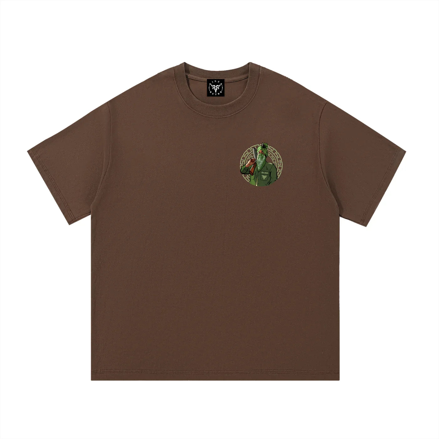 Brown oversized streetwear t-shirt with green graphic design on chest