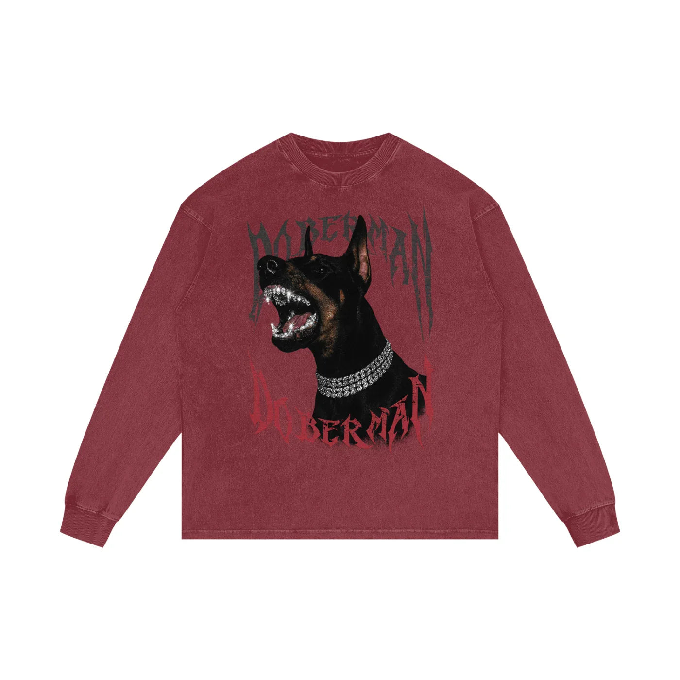 Doberman Rage X Risen Retro Acid Wash Oversize Long Sleeve T-Shirt