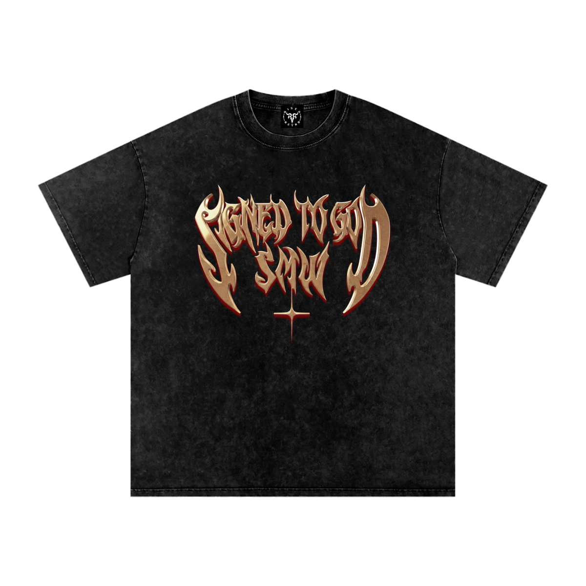 A black acid-wash t-shirt featuring a large metallic gold and red gothic-style graphic on the chest that reads 'SIGNED TO GOD SMW' with a small red cross underneath, displayed on a solid white background. sidhu moose wala