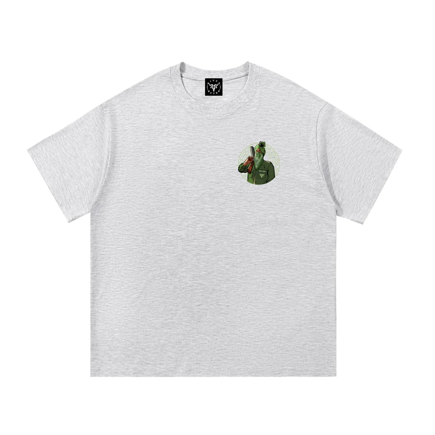 Light grey oversized t-shirt with green Punjabi graphic on left chest, streetwear style