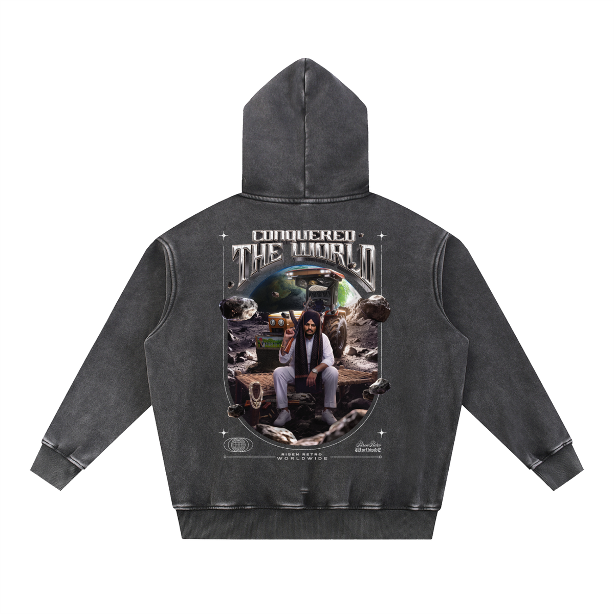CONQUERED THE WORLD |  Snow Wash Fleece Oversize Hoodie | Sidhu Moose Wala