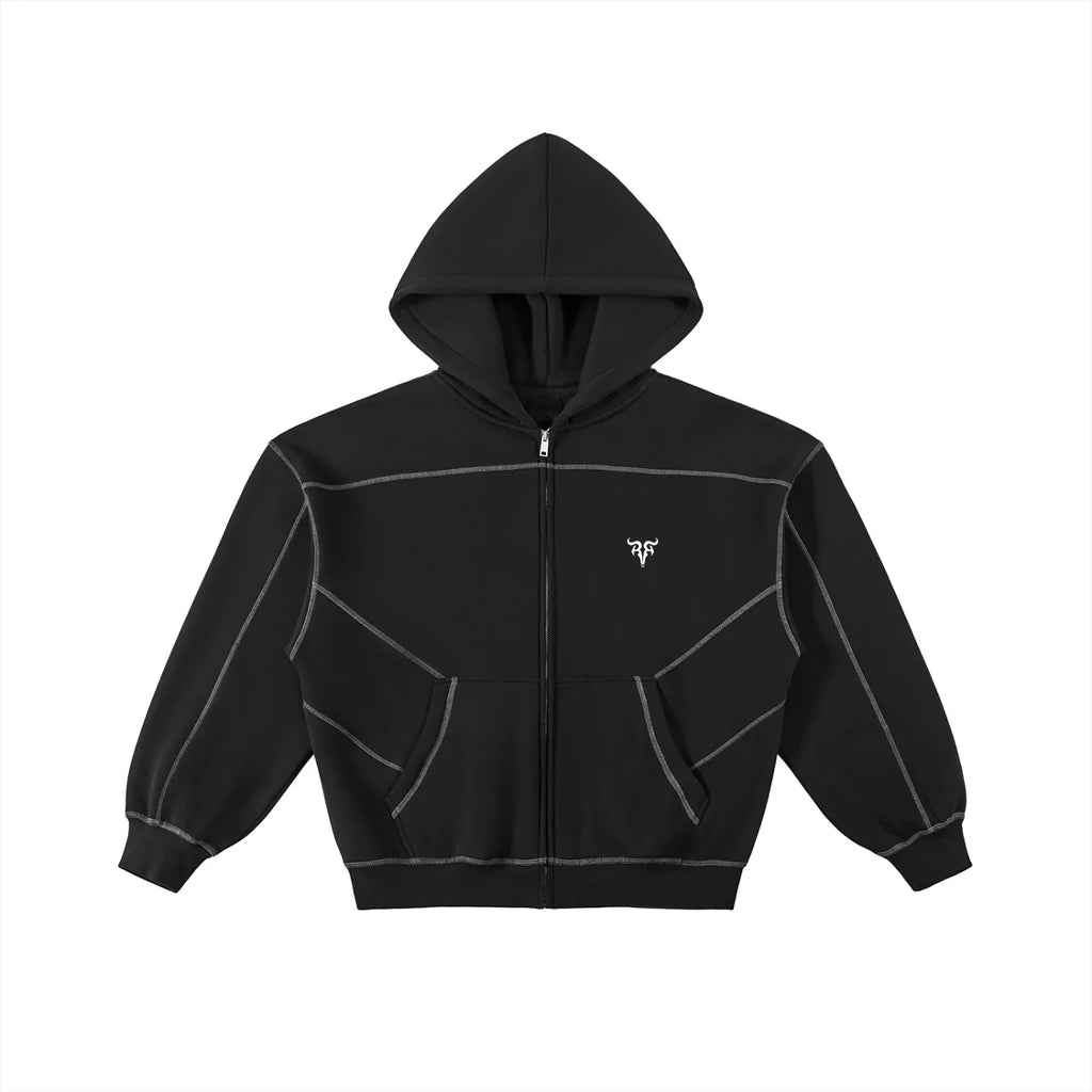 RisenRetro Contrast-Stitched Boxy Fleece Zip Hoodie