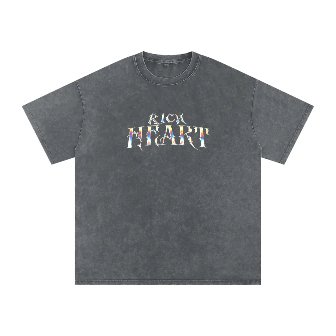 Gray t-shirt with 'Rich Heart' text on a white background