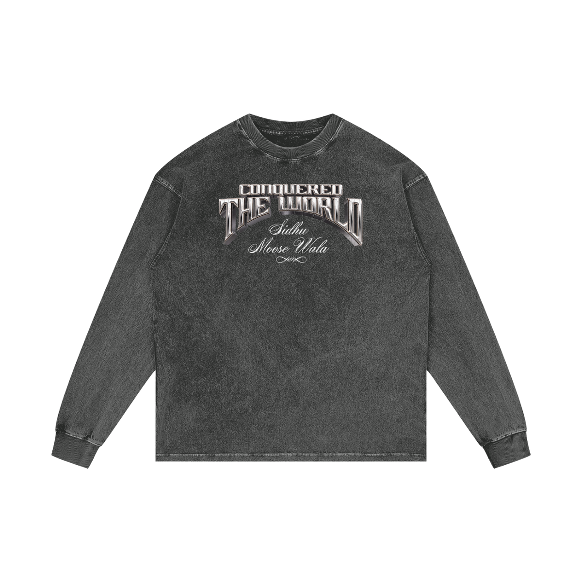 CONQUERED THE WORLD | Acid Wash Oversize Long Sleeve T-Shirt | Sidhu Moose Wala