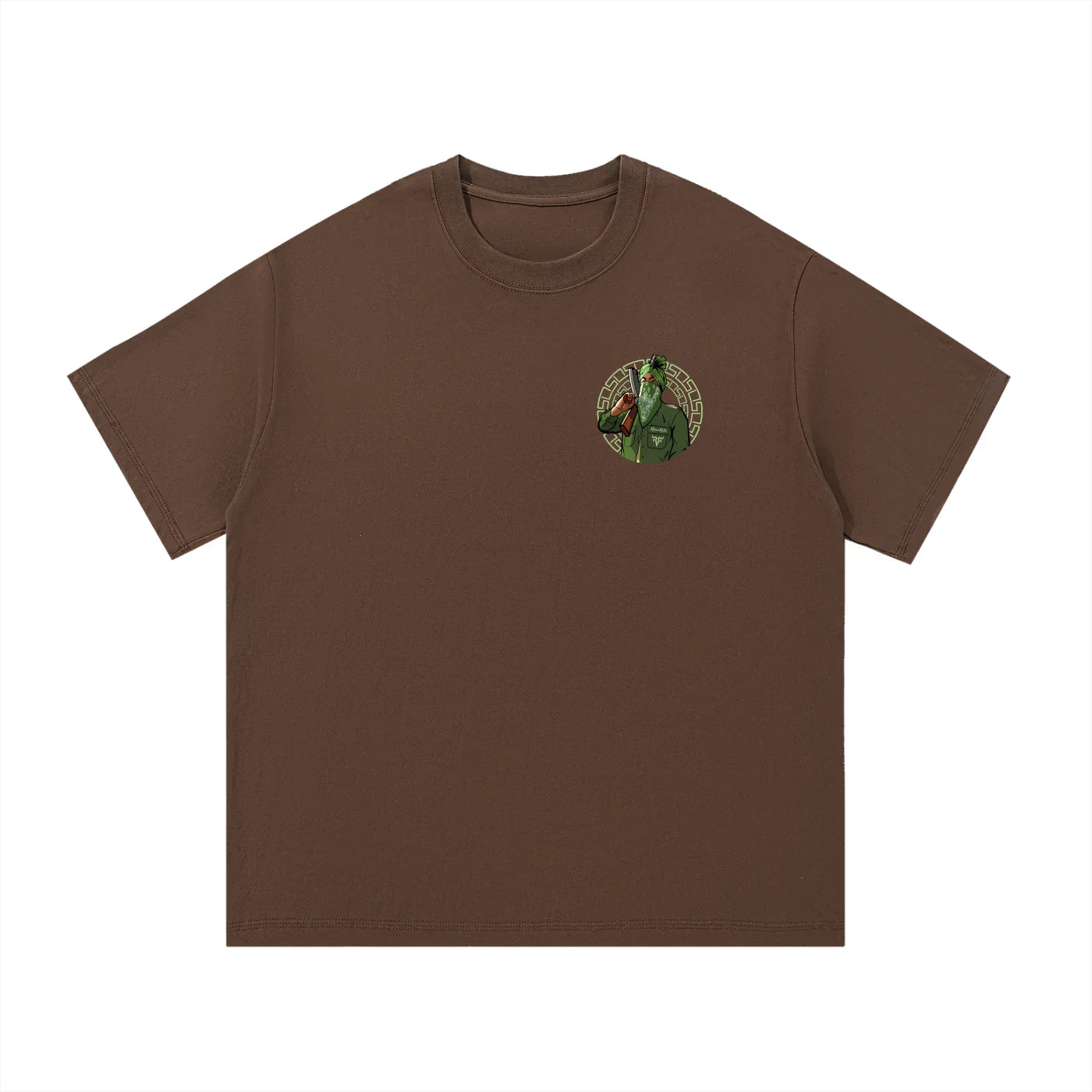 Brown oversized Punjabi streetwear t-shirt with small green illustrated graphic on chest