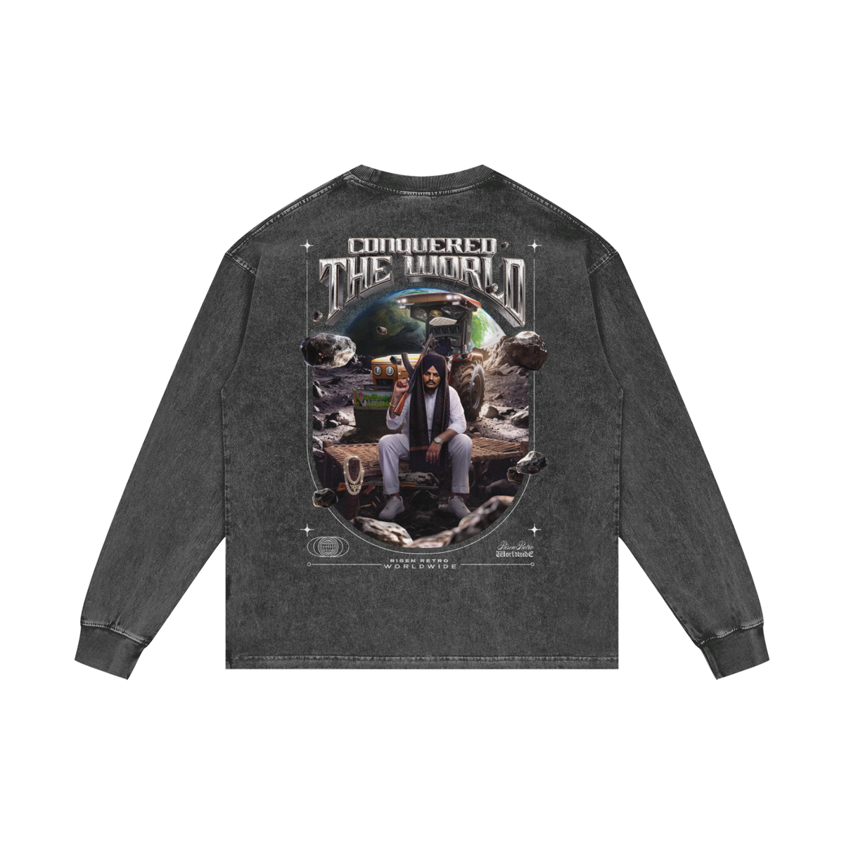 CONQUERED THE WORLD | Acid Wash Oversize Long Sleeve T-Shirt | Sidhu Moose Wala