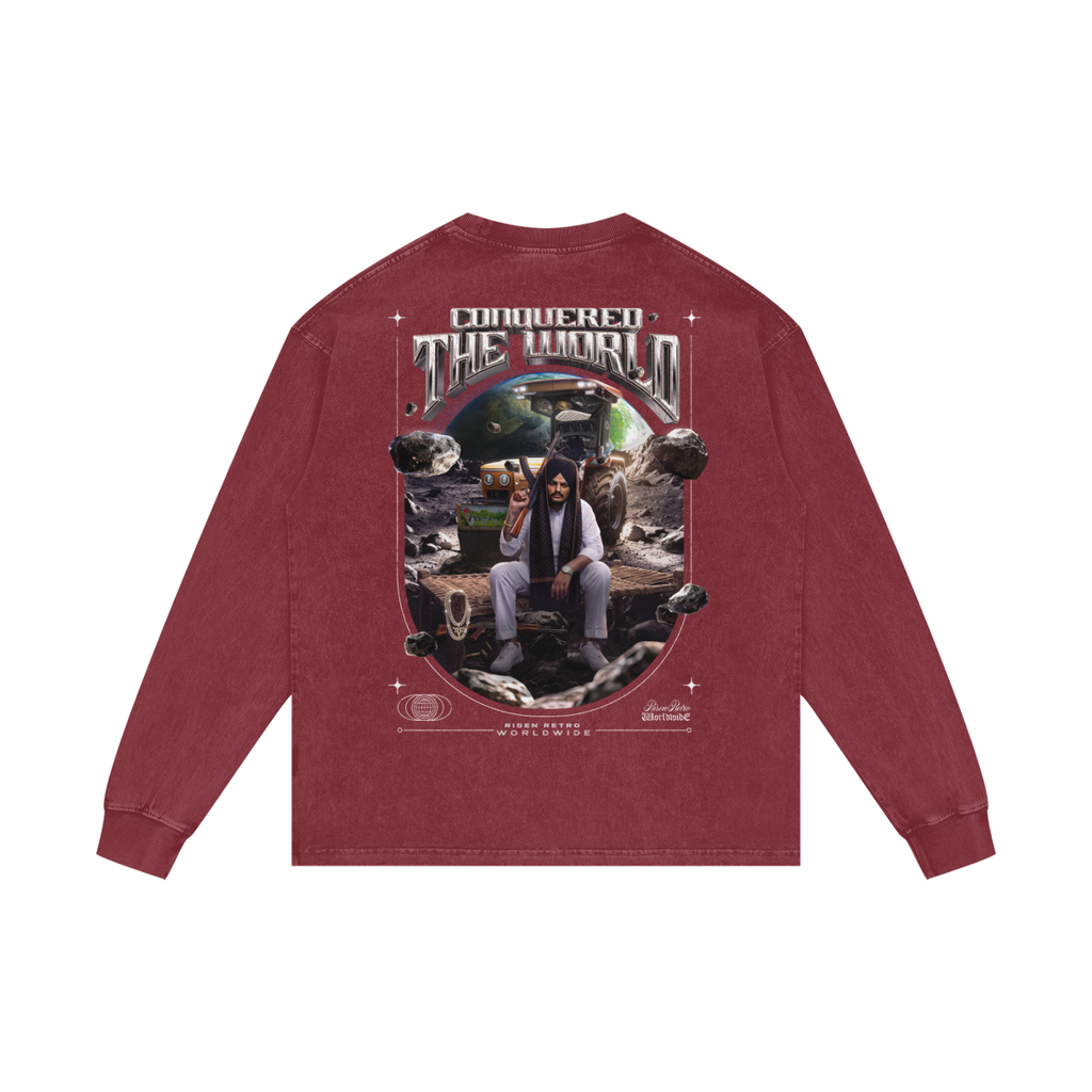 CONQUERED THE WORLD | Acid Wash Oversize Long Sleeve T-Shirt | Sidhu Moose Wala