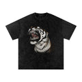 Black t-shirt with a graphic of a tiger wearing a chain necklace on a white background