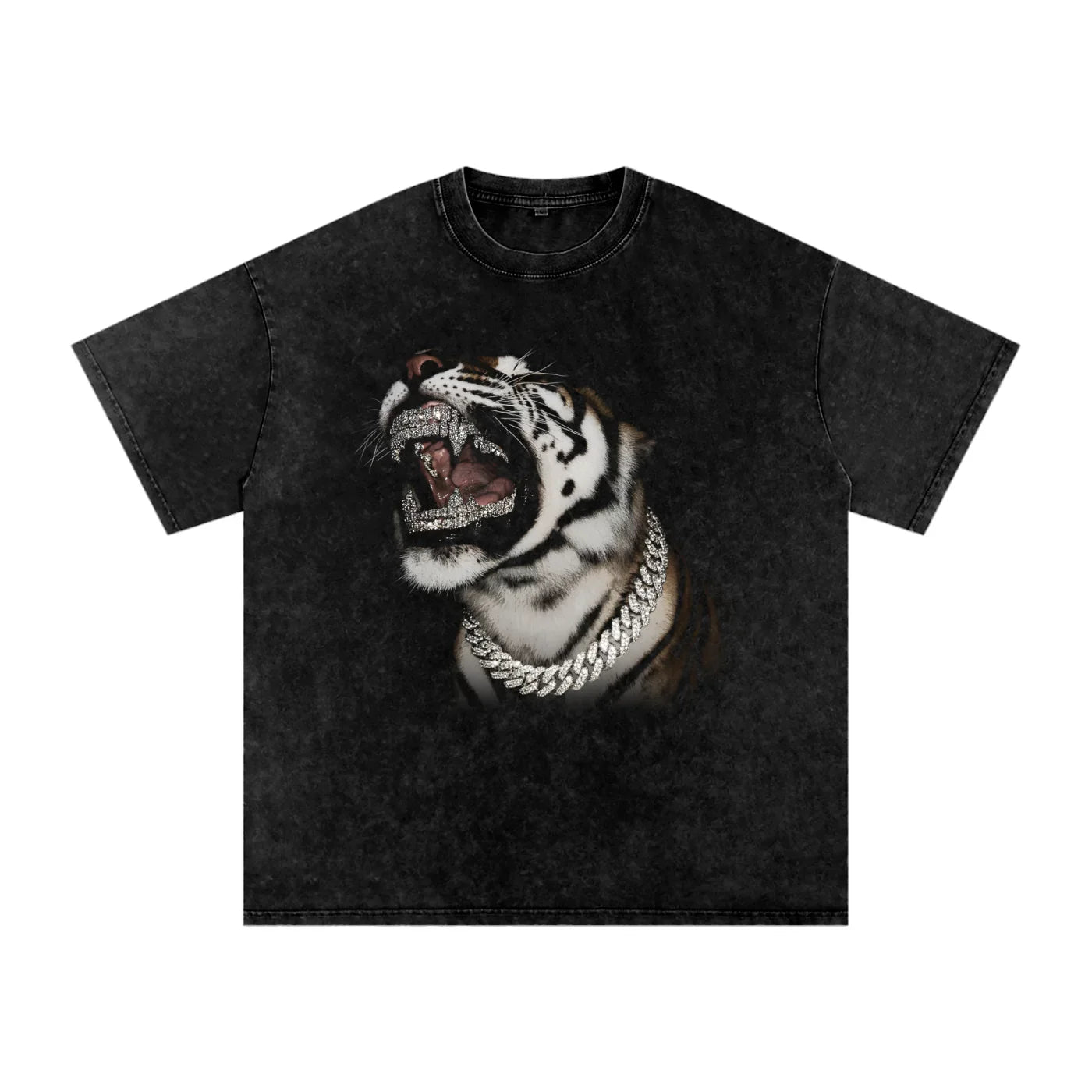 Black t-shirt with a graphic of a tiger wearing a chain necklace on a white background