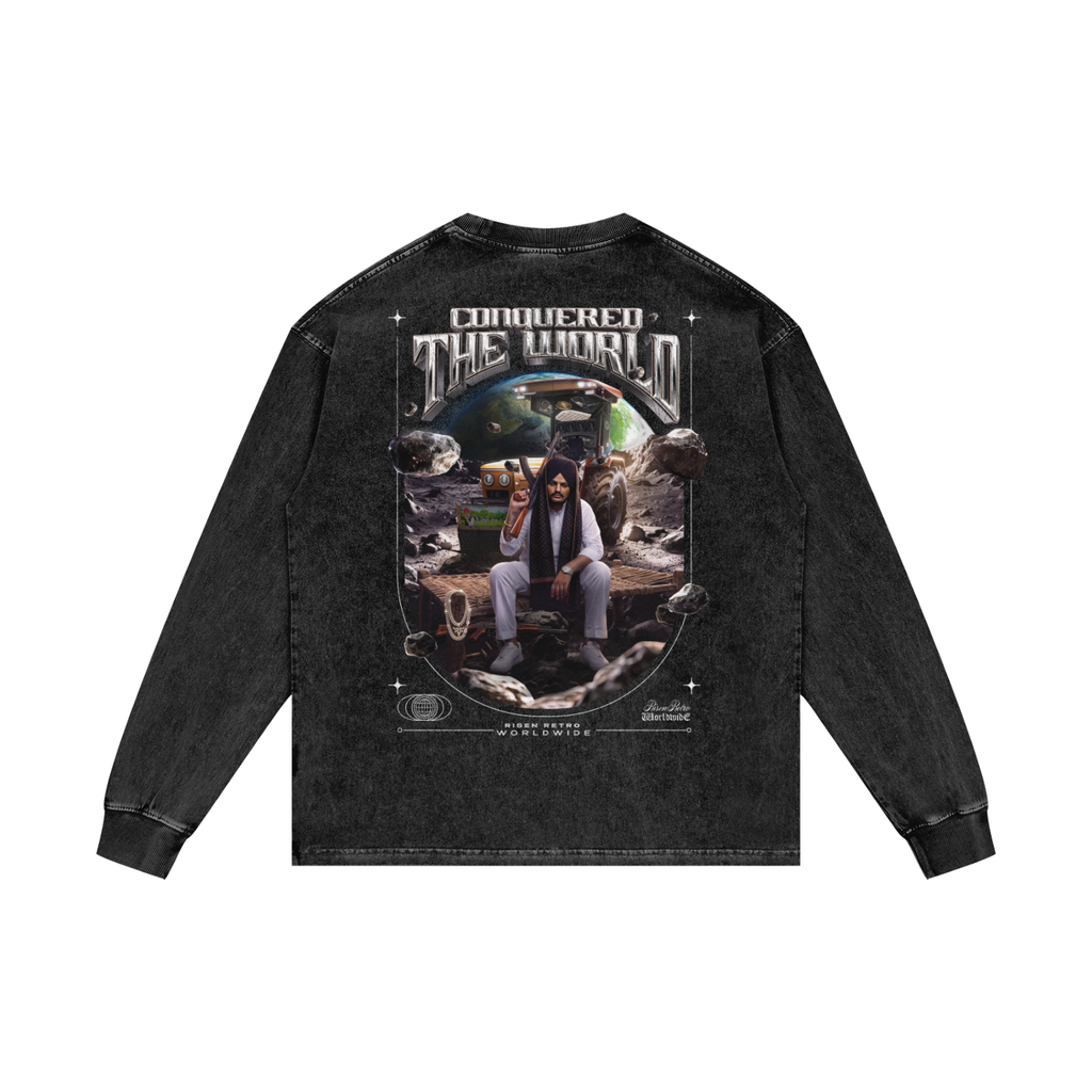 CONQUERED THE WORLD | Acid Wash Oversize Long Sleeve T-Shirt | Sidhu Moose Wala