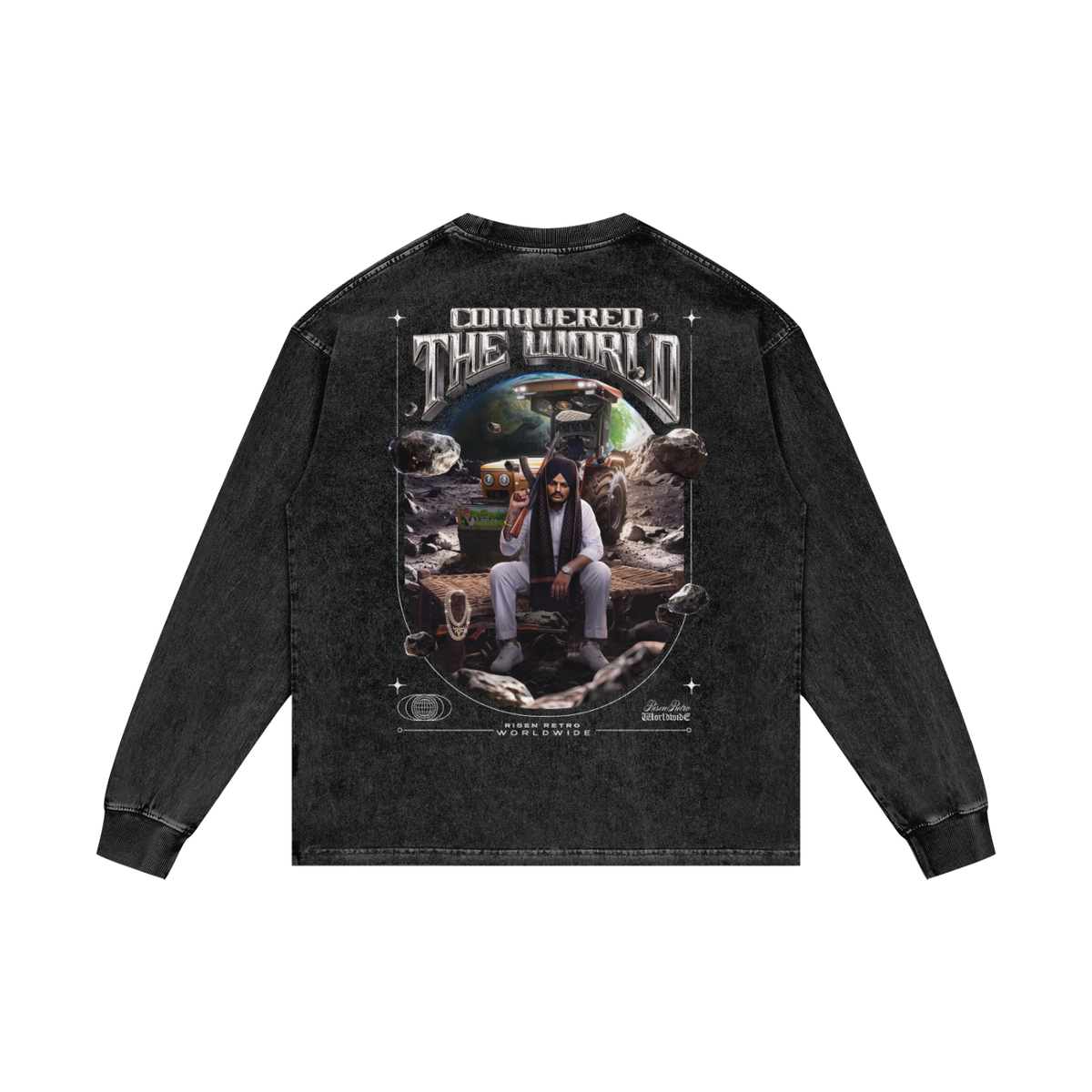 CONQUERED THE WORLD | Acid Wash Oversize Long Sleeve T-Shirt | Sidhu Moose Wala
