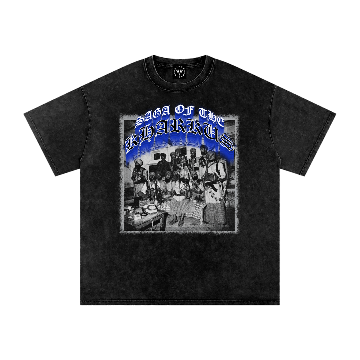 A black mineral-wash short-sleeve t-shirt featuring a large graphic print on the front with the text 'Saga of the Barbarians' in blue and a grayscale historical illustration.