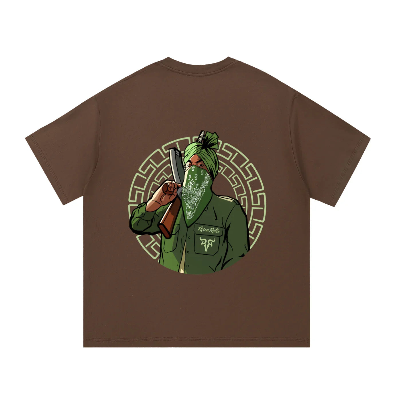 Brown oversized t-shirt with graphic of a masked man in green turban holding a bat