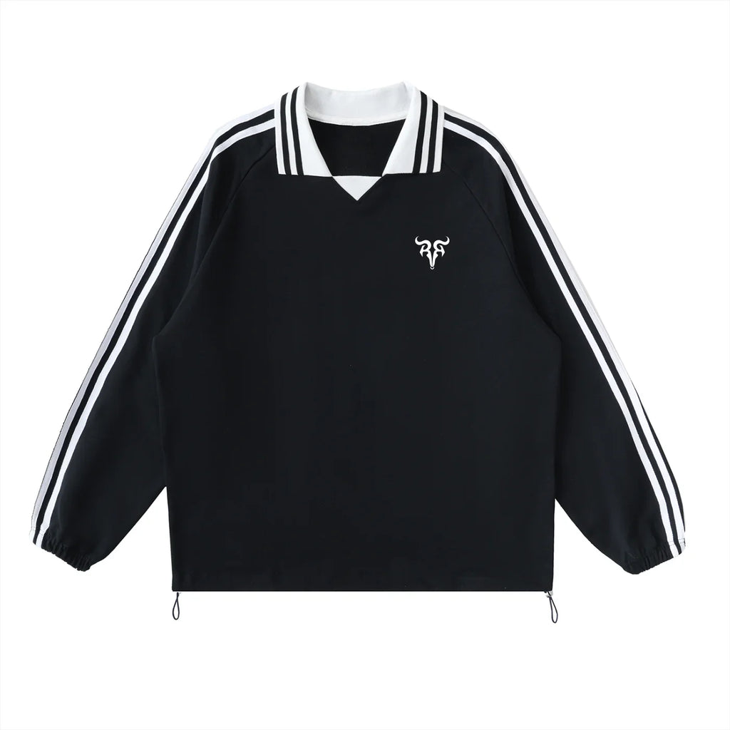 Risen Retro Monogram Contrast Striped Lapel Collar Sweatshirt