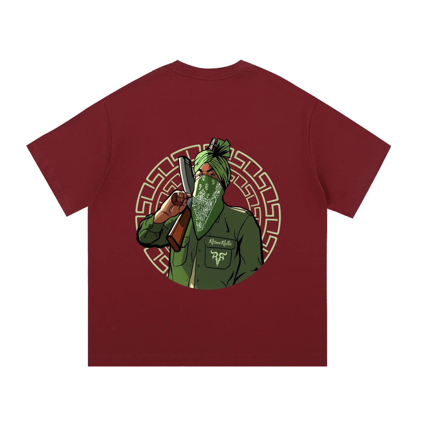 Maroon oversized Punjabi streetwear t-shirt with graphic of turbaned man holding axe and wearing green bandana