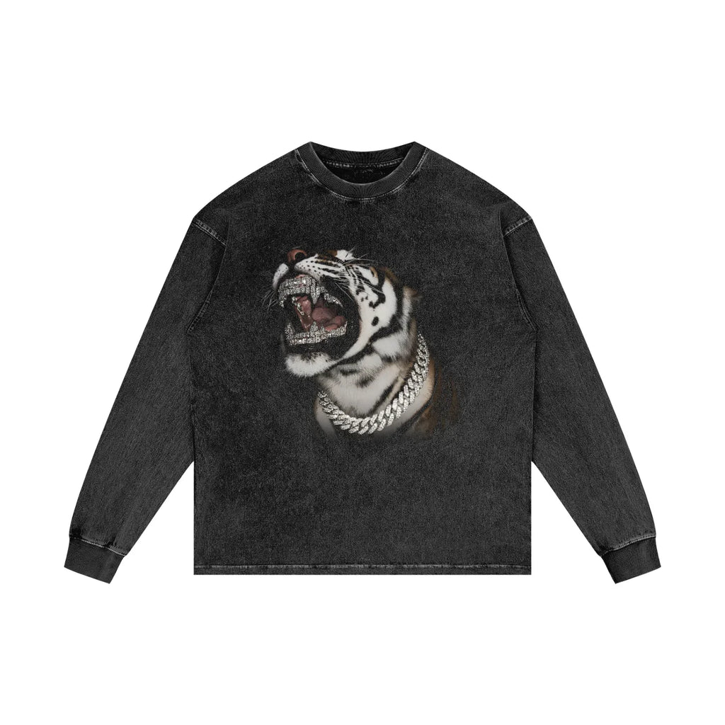 Tiger Roar X RisenRetro Acid Wash Oversize Long Sleeve T-Shirt