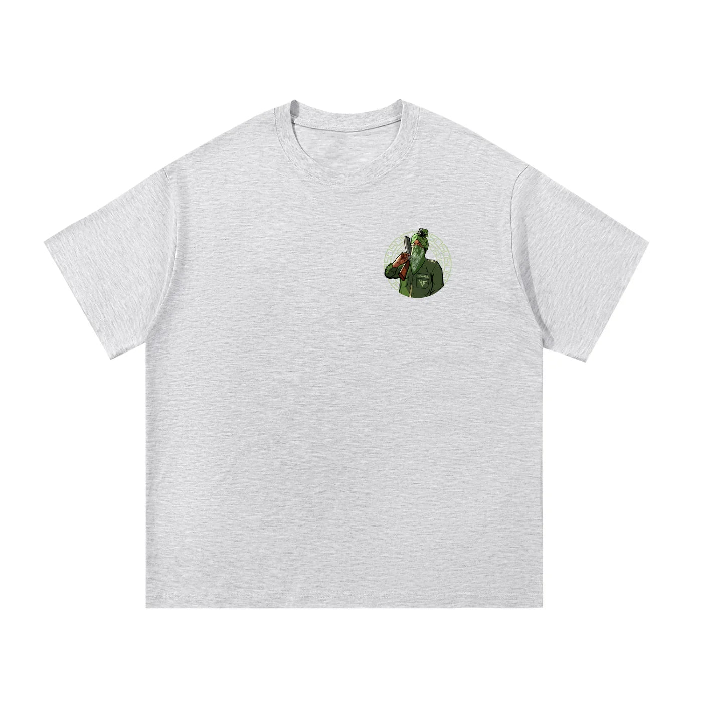 Light grey oversized t-shirt with Punjabi man graphic, streetwear design, heavyweight fabric