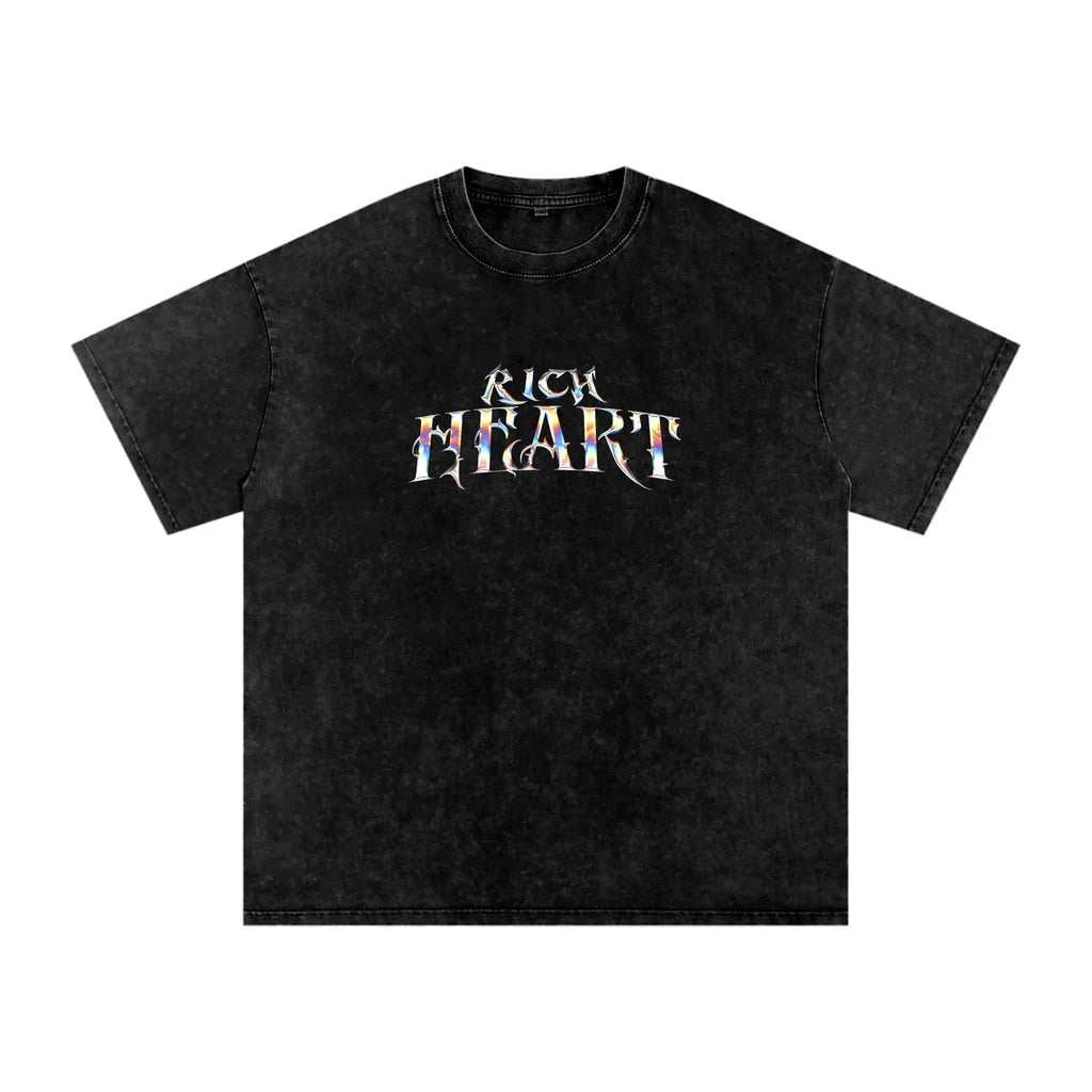 Black t-shirt with 'Rich Heart' text on a white background