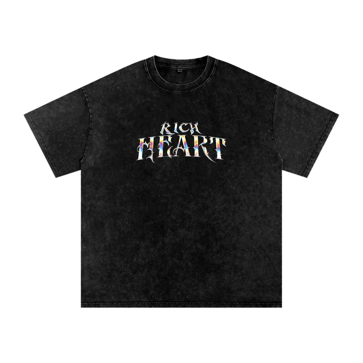 Black t-shirt with 'Rich Heart' text on a white background