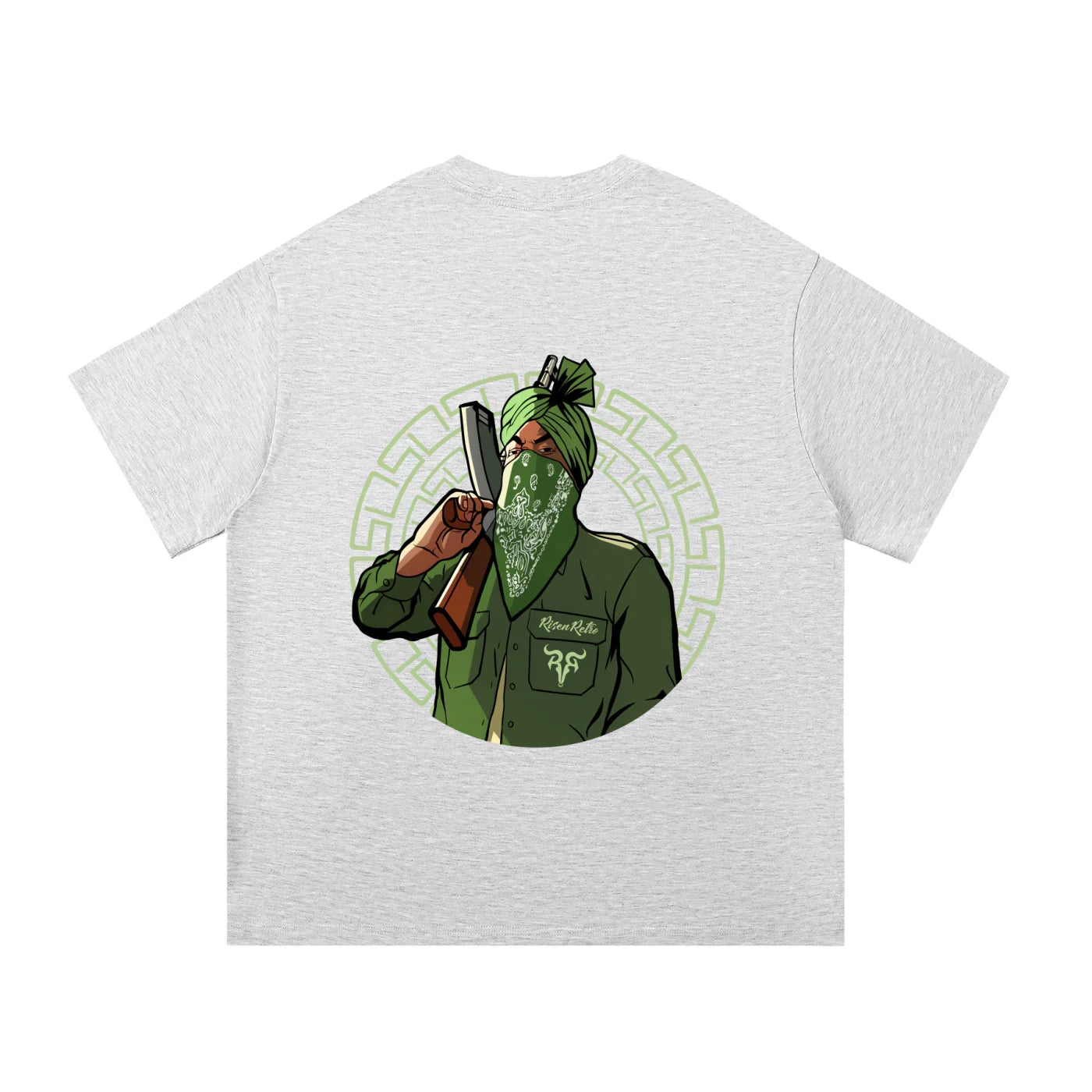 Grey oversized t-shirt with graphic of turbaned man in green bandana, streetwear style