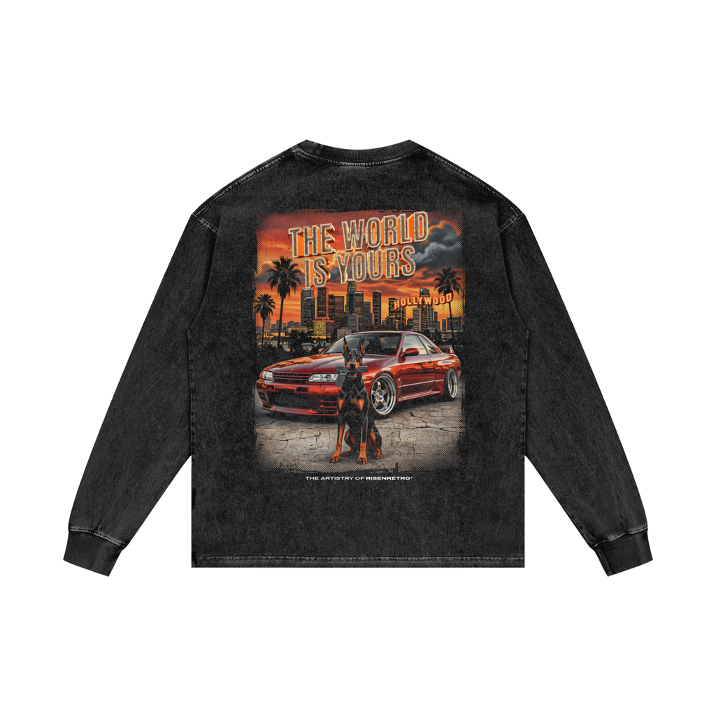THE WORLD IS YOURS  | RISENRETRO | Acid Wash Oversize Long Sleeve T-Shirt