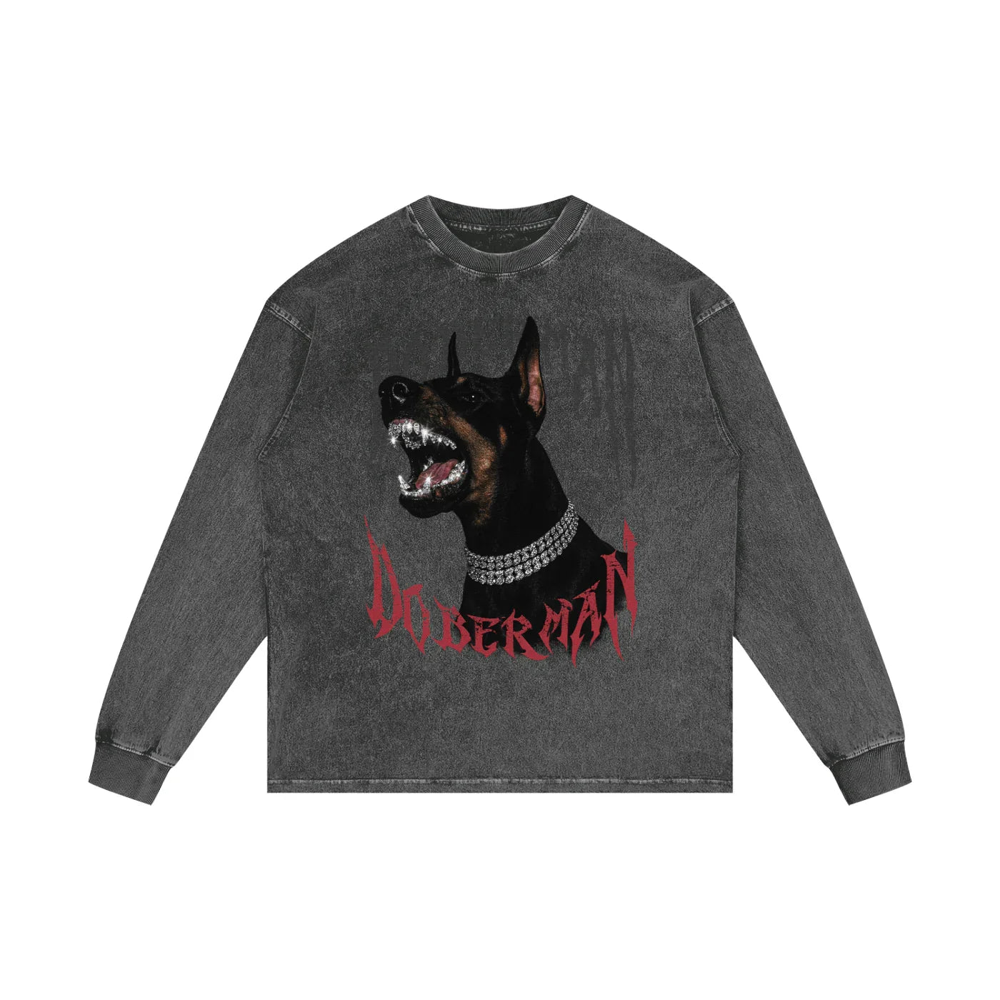 Doberman Rage X Risen Retro Acid Wash Oversize Long Sleeve T-Shirt