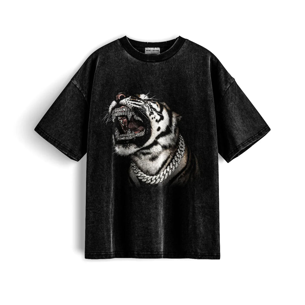 Black t-shirt with a tiger graphic design on a white background