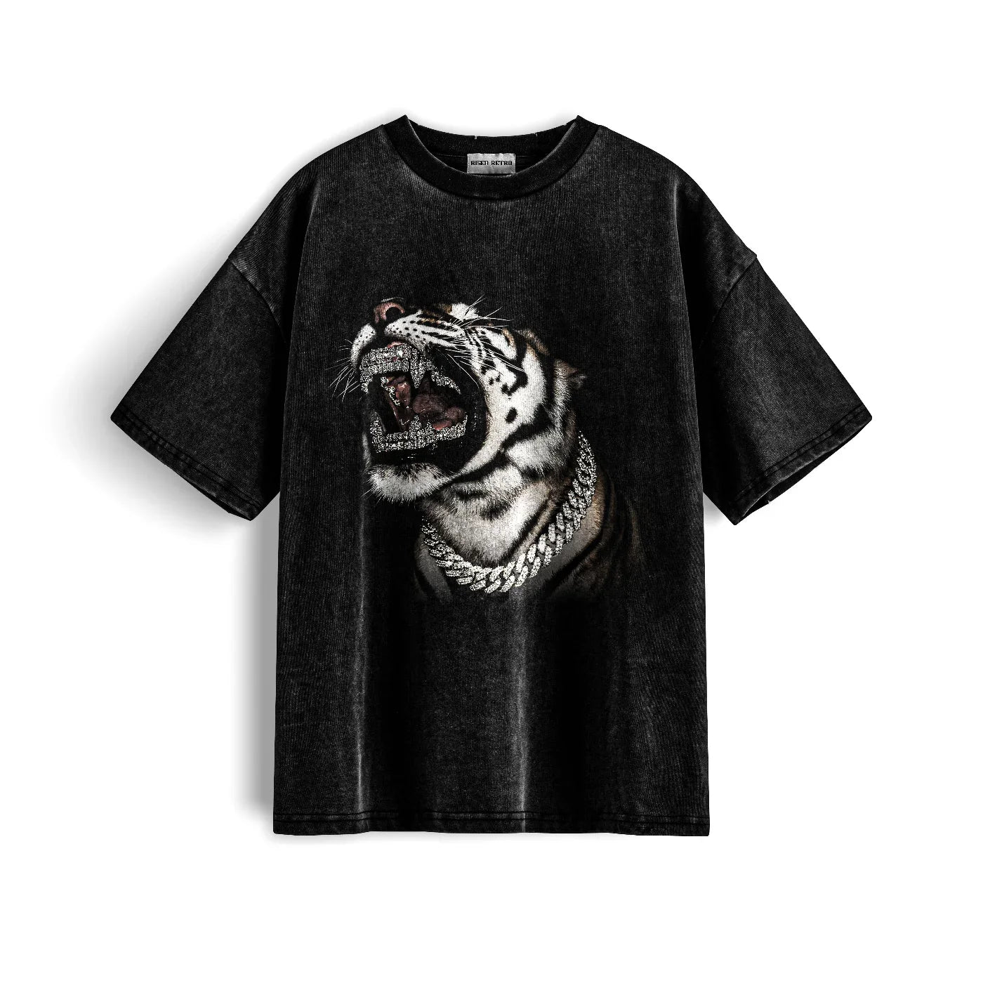 Black t-shirt with a tiger graphic design on a white background