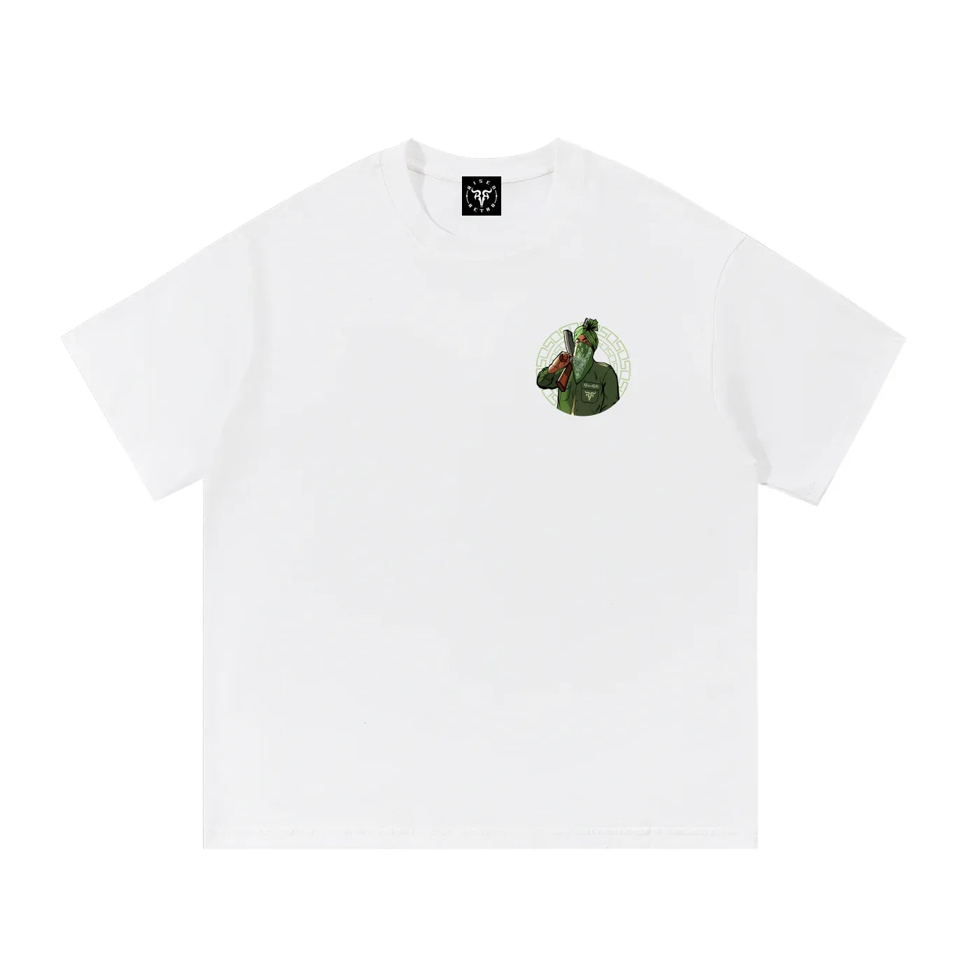 White oversized Punjabi streetwear t-shirt with unique green graphic on chest