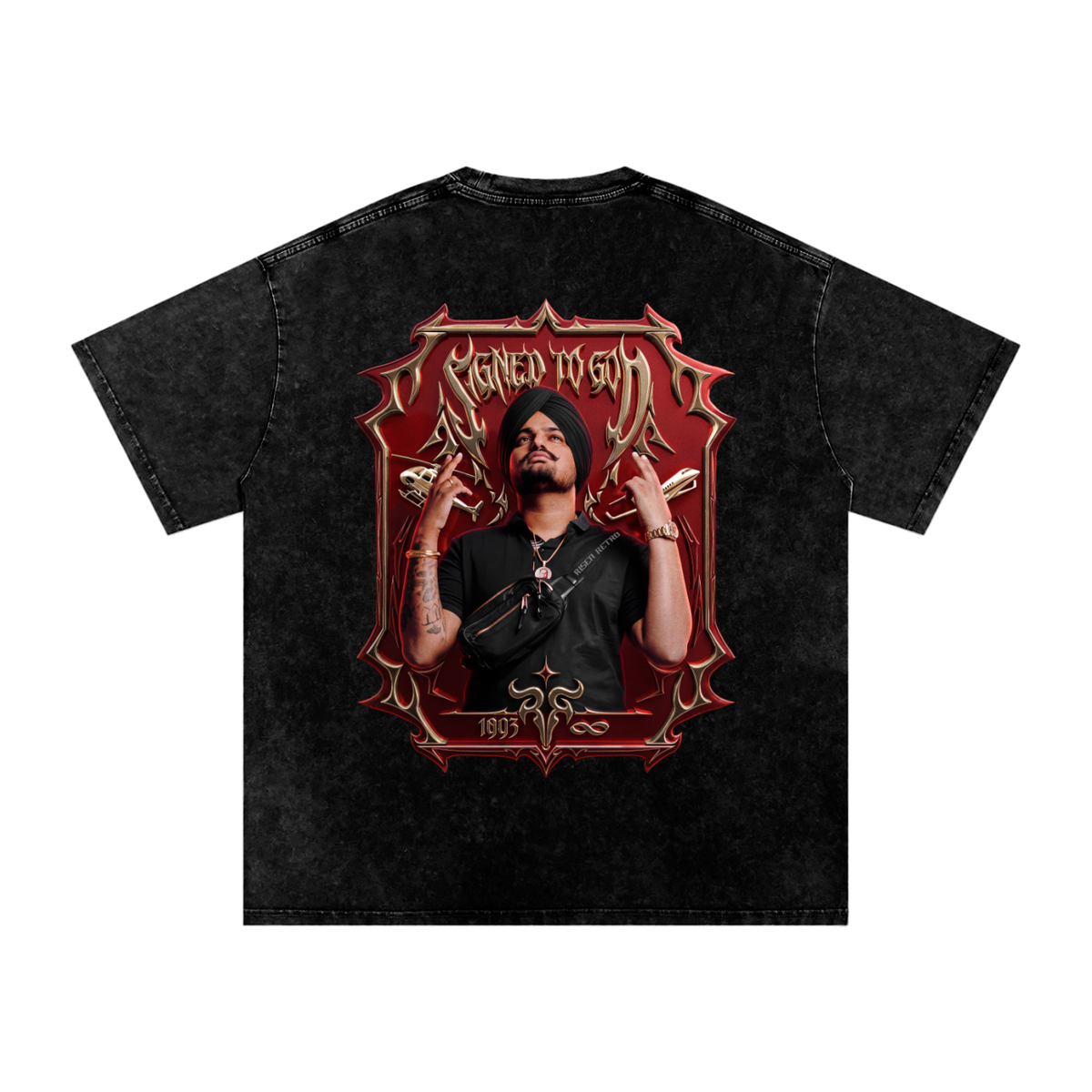 A black acid-wash t-shirt featuring a large back graphic of a sidhu moose in a black TURBAN and black shirt, framed by a red gothic border with the text 'SIGNED TO GOD' and '1993'.