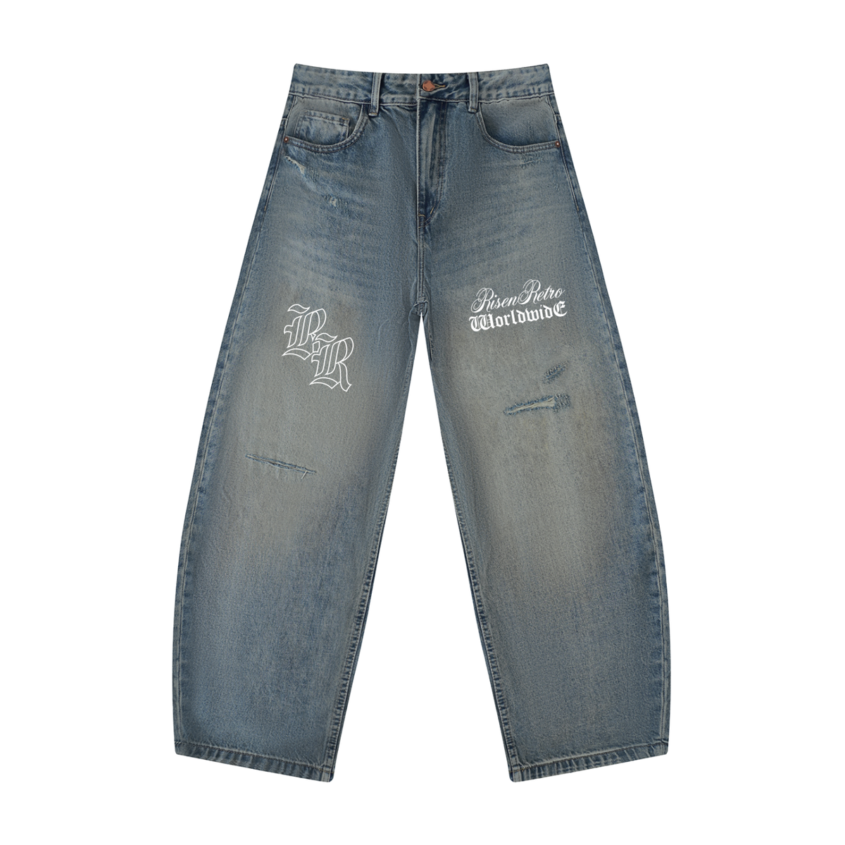 RISENRETRO | Men's Distressed Barrel Leg Jeans