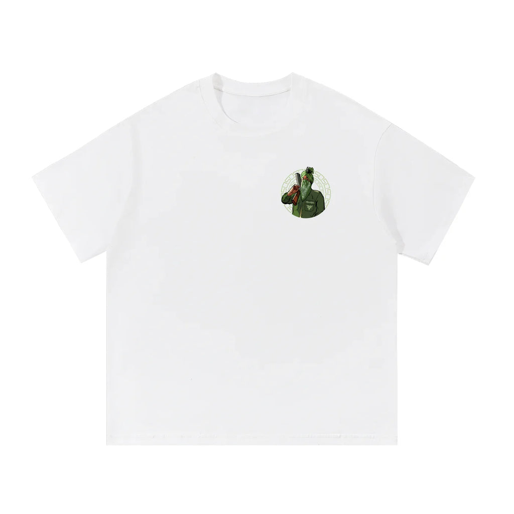 White oversized t-shirt with green illustrated man and turban graphic on chest