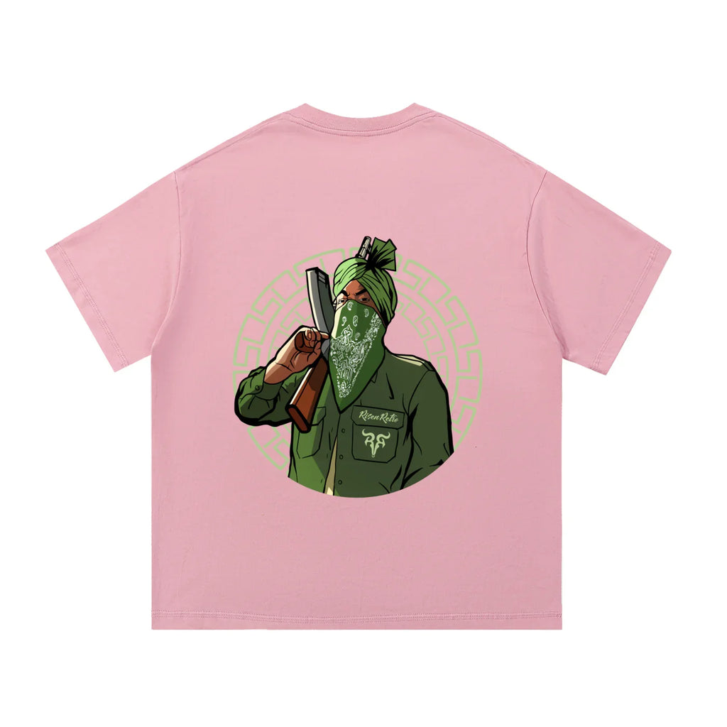 Pink oversized streetwear t-shirt with graphic of masked man in green turban holding bat