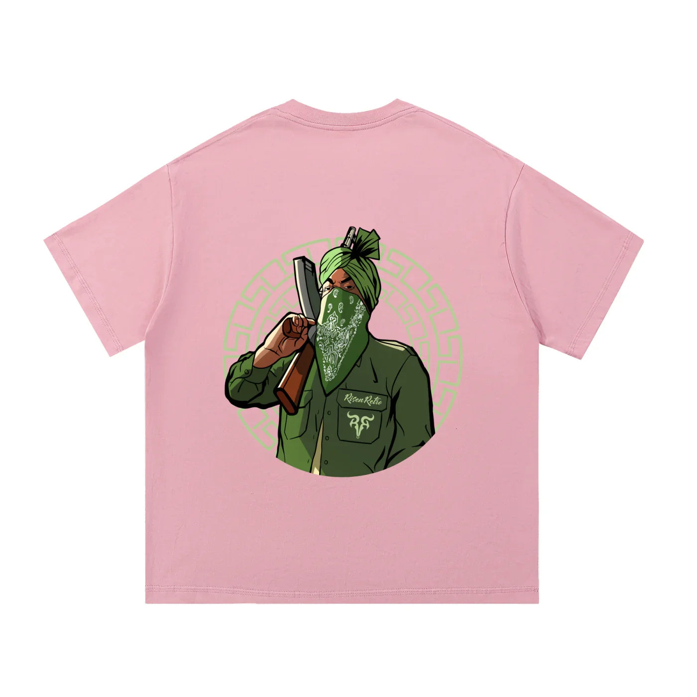 Pink oversized streetwear t-shirt with graphic of masked man in green turban holding bat