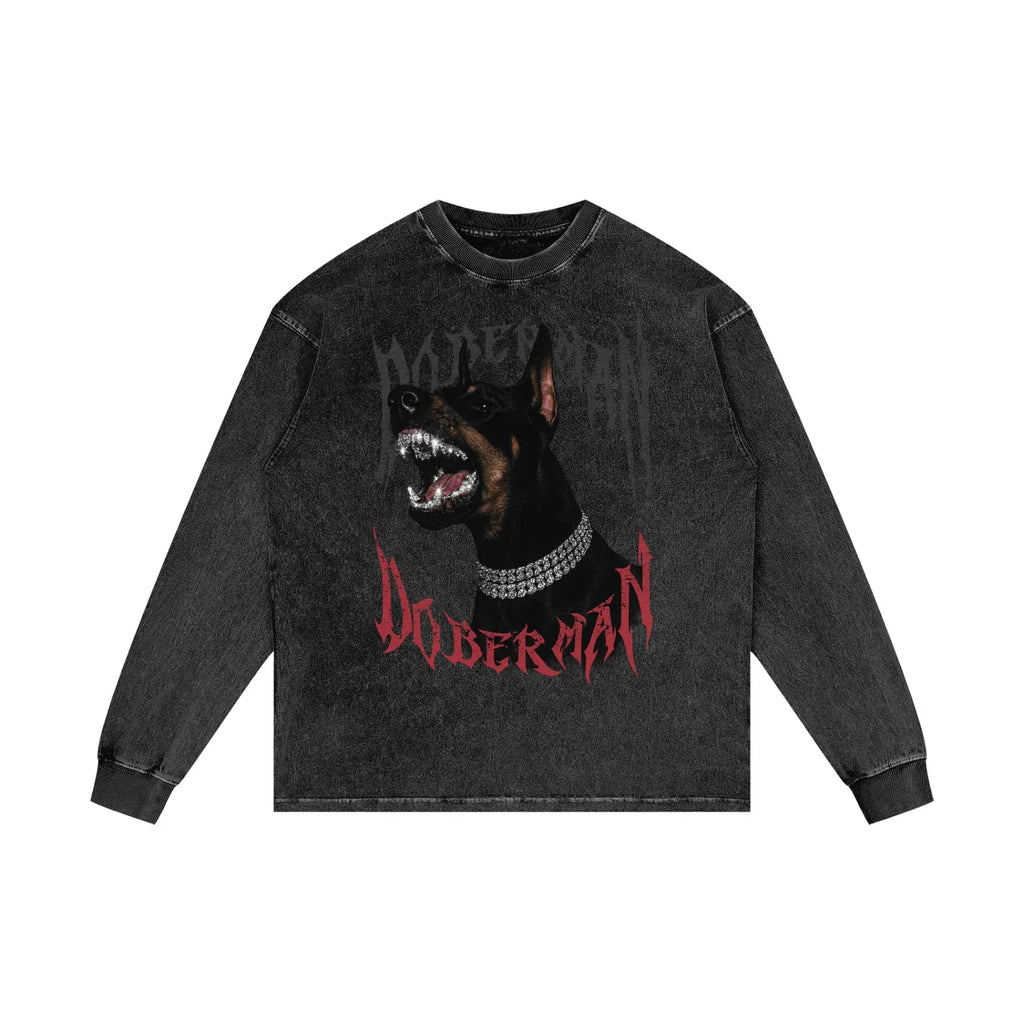 Doberman Rage X Risen Retro Acid Wash Oversize Long Sleeve T-Shirt