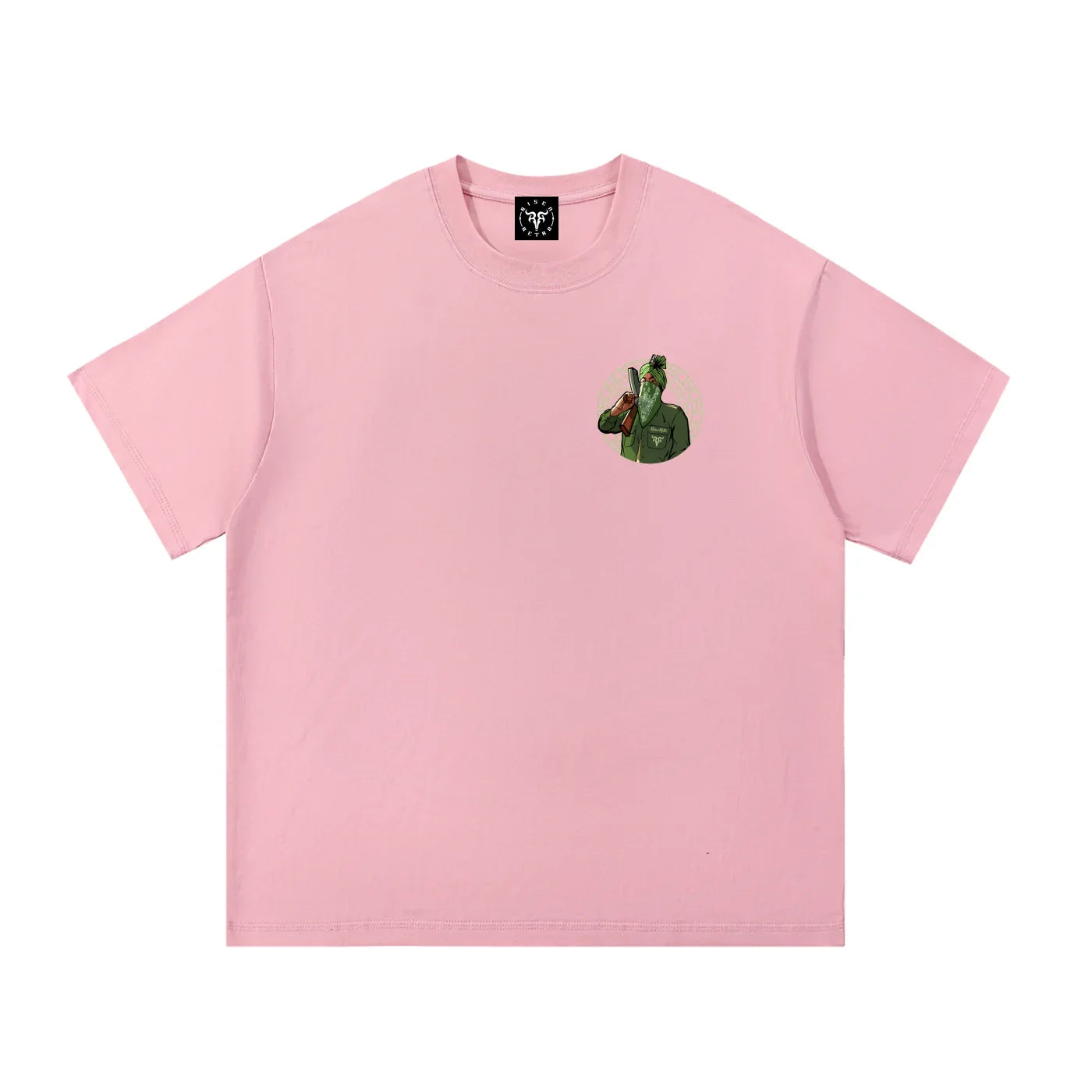 Pink oversized streetwear t-shirt with a small graphic of a bearded man in a turban.