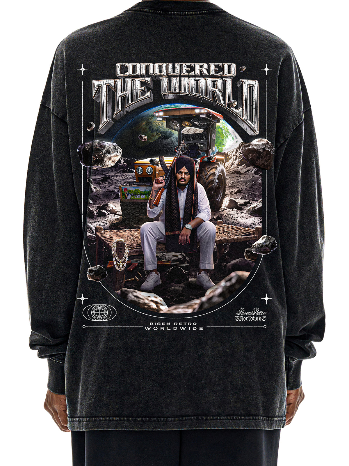 CONQUERED THE WORLD | Acid Wash Oversize Long Sleeve T-Shirt | Sidhu Moose Wala