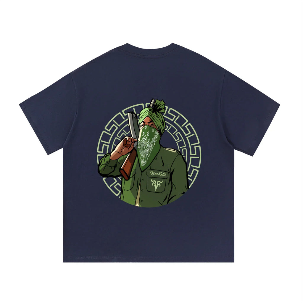Oversized navy t-shirt with graphic of masked Punjabi man in green jacket and turban holding a bat