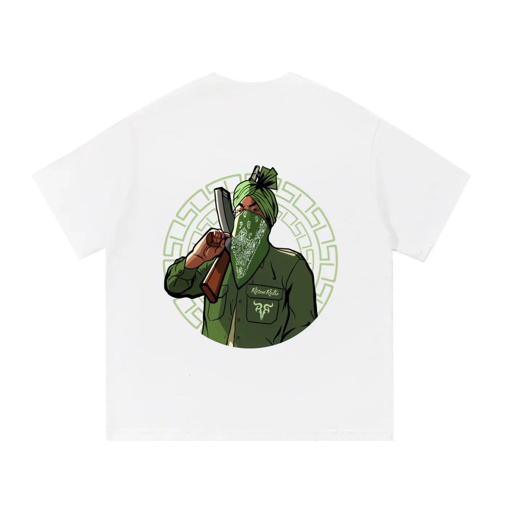 White streetwear t-shirt with graphic of a masked man in green turban holding a bat.