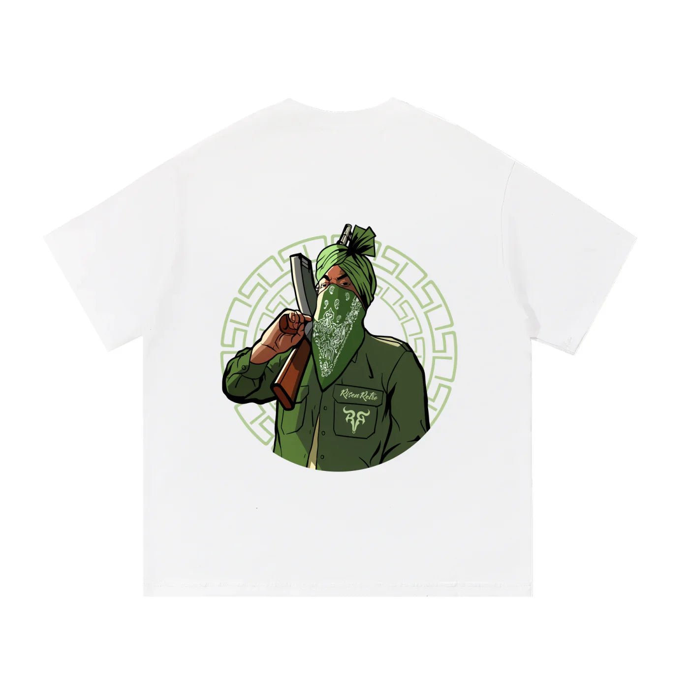 White streetwear t-shirt with graphic of a masked man in green turban holding a bat.