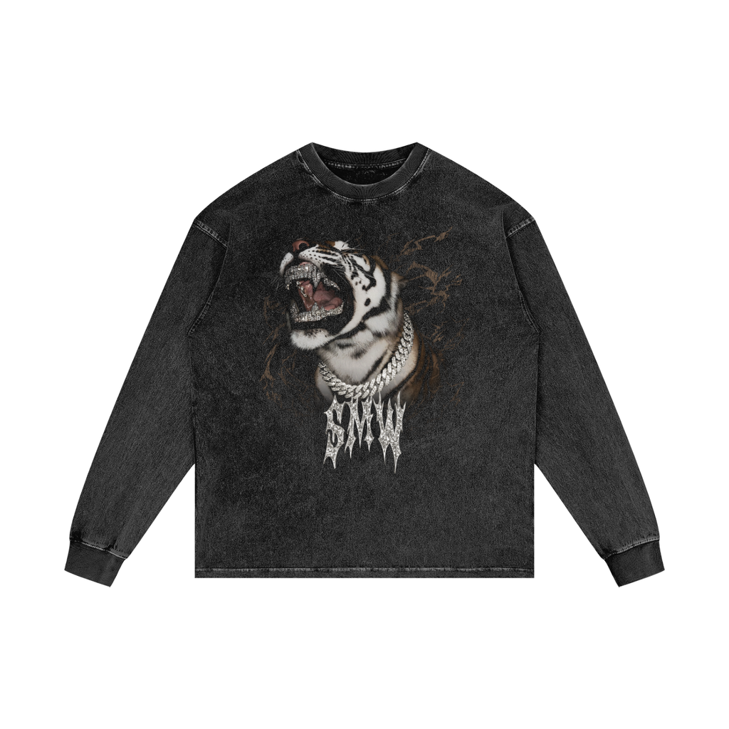 A dark gray mineral-wash long-sleeve crewneck sweatshirt featuring a graphic print of a roaring tiger wearing a gold chain with the word 'STUNN' in a dripping metallic font below it.