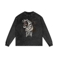 A dark gray mineral-wash long-sleeve crewneck sweatshirt featuring a graphic print of a roaring tiger wearing a gold chain with the word 'STUNN' in a dripping metallic font below it.