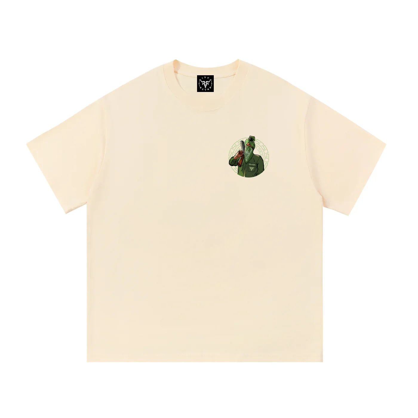 Oversized cream streetwear t-shirt with green graphic of a man in turban on the chest