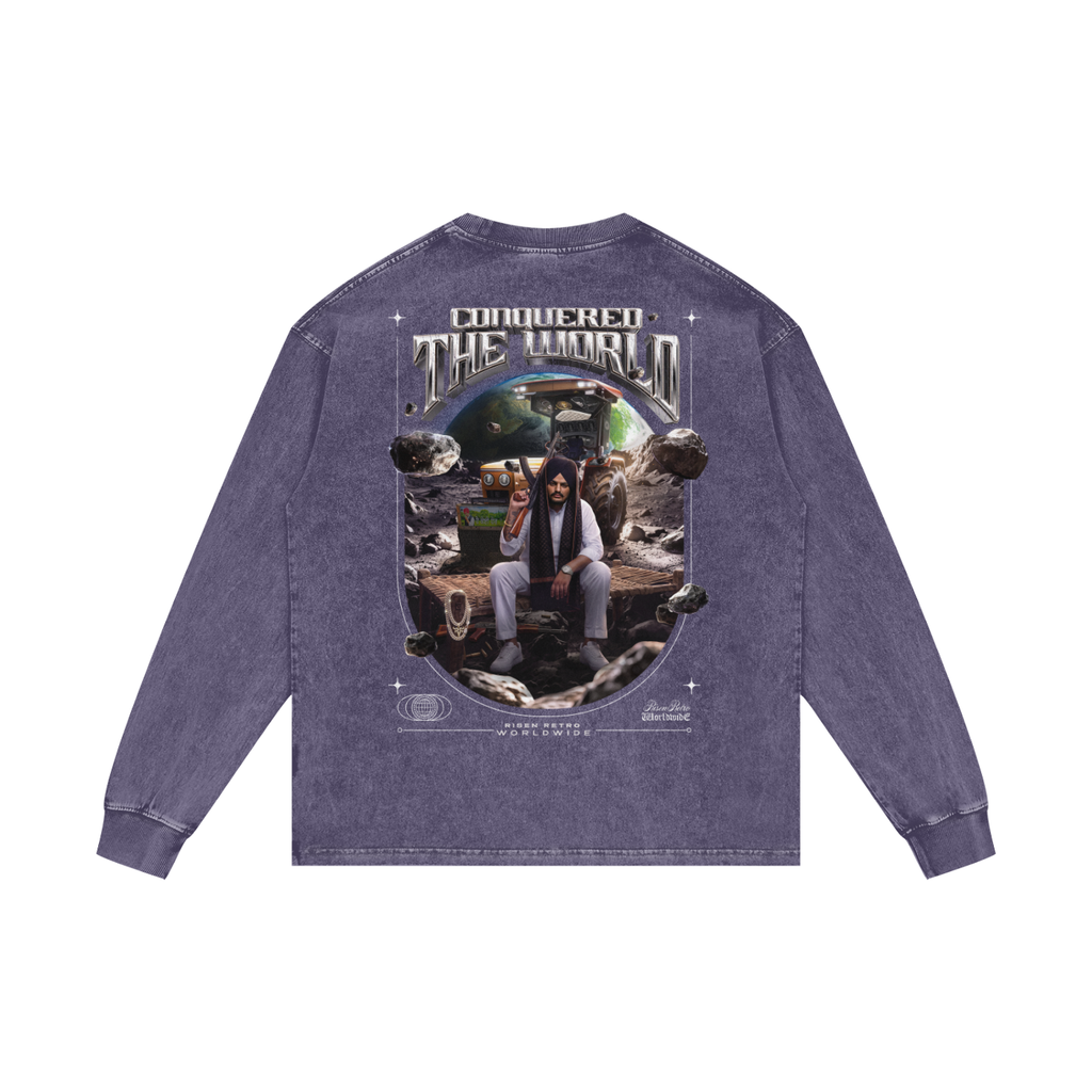 CONQUERED THE WORLD | Acid Wash Oversize Long Sleeve T-Shirt | Sidhu Moose Wala