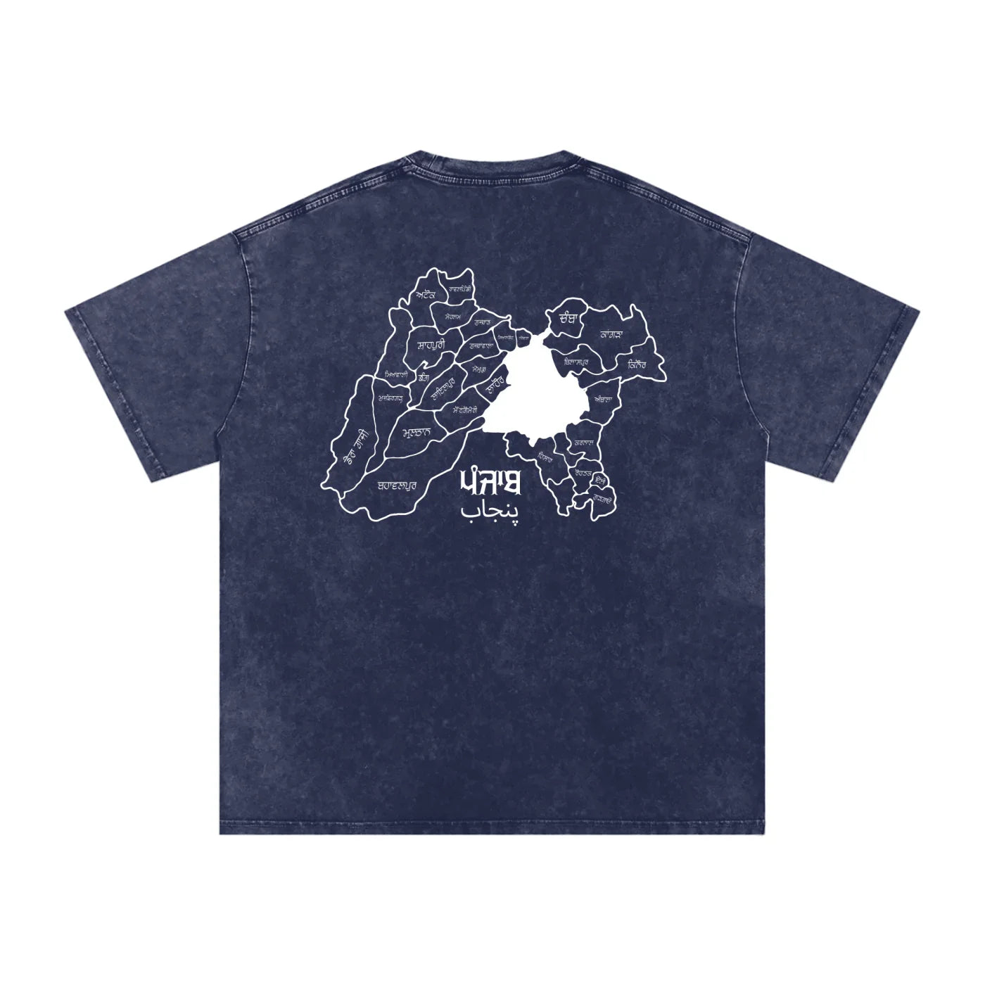 Navy blue t-shirt with a white map design on the back against a white background