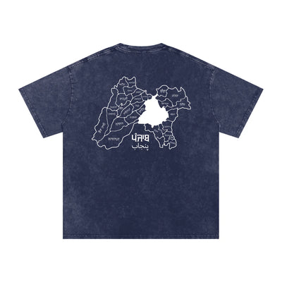Navy blue t-shirt with a white map design on the back against a white background