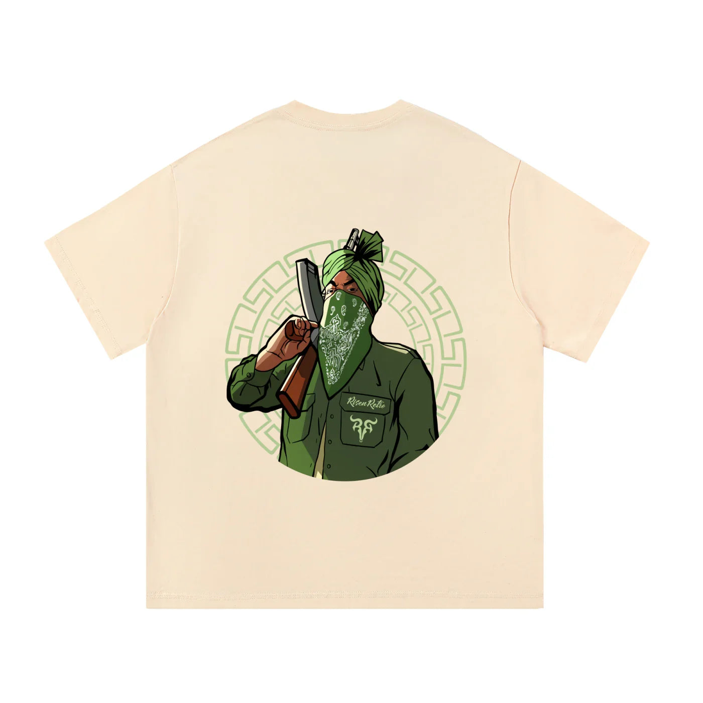 Oversized beige t-shirt with graphic of masked man in green turban holding a rifle