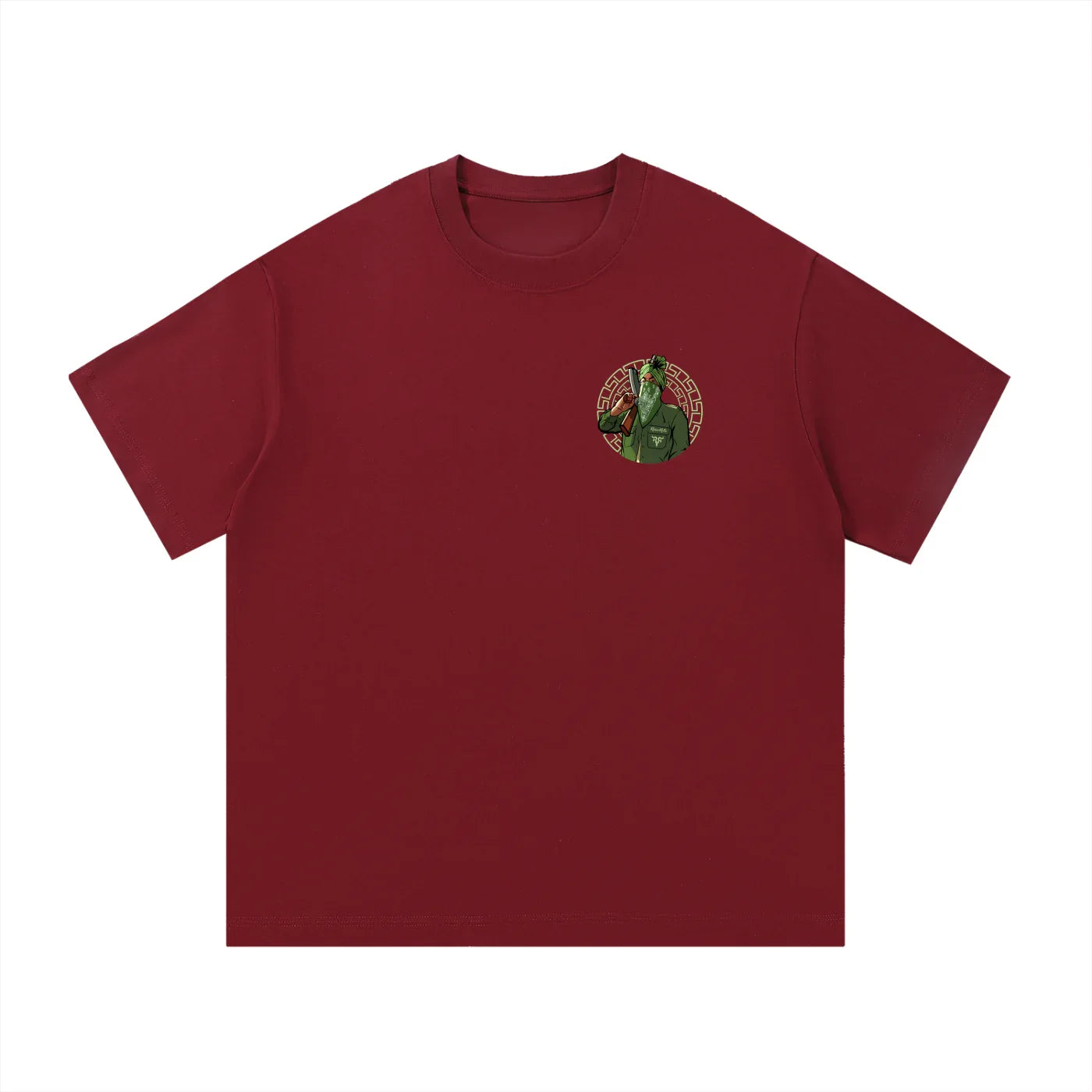 Burgundy oversized t-shirt with small green graphic of a man in turban and patterned circle