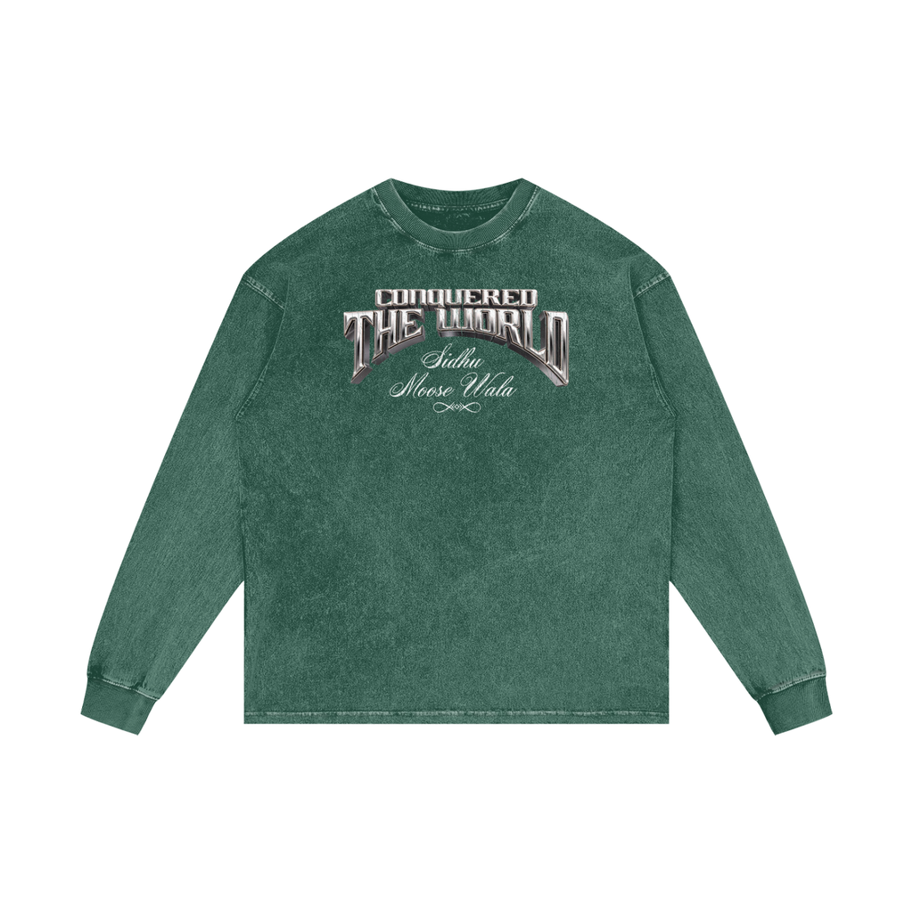 CONQUERED THE WORLD | Acid Wash Oversize Long Sleeve T-Shirt | Sidhu Moose Wala